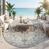 8' Gray And Ivory Round Floral Medallion Washable Indoor Outdoor Area Rug
