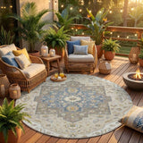 8' Ivory And Beige Round Floral Medallion Washable Indoor Outdoor Area Rug