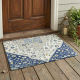 3' X 5' Navy Blue And Ivory Floral Medallion Washable Indoor Outdoor Area Rug