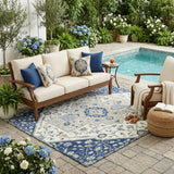 5' X 8' Navy Blue And Ivory Floral Medallion Washable Indoor Outdoor Area Rug
