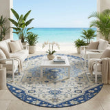 8' Navy Blue And Ivory Round Floral Medallion Washable Indoor Outdoor Area Rug