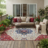 5' X 8' Red And Ivory Floral Medallion Washable Indoor Outdoor Area Rug