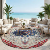 8' Red And Ivory Round Floral Medallion Washable Indoor Outdoor Area Rug