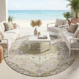 8' Taupe And Beige Round Floral Medallion Washable Indoor Outdoor Area Rug