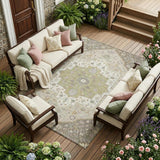 8' X 10' Taupe And Beige Floral Medallion Washable Indoor Outdoor Area Rug