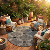 8' Black And Ivory Round Geometric Washable Indoor Outdoor Area Rug