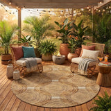 8' Gold And Ivory Round Geometric Washable Indoor Outdoor Area Rug