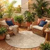 8' Ivory And Beige Round Geometric Washable Indoor Outdoor Area Rug