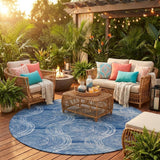 8' Navy Blue And Ivory Round Geometric Washable Indoor Outdoor Area Rug