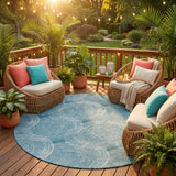 8' Teal Blue And Ivory Round Geometric Washable Indoor Outdoor Area Rug