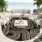 8' Black And Ivory Round Geometric Washable Indoor Outdoor Area Rug