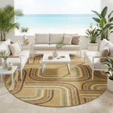 8' Gold And Ivory Round Geometric Washable Indoor Outdoor Area Rug