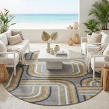 8' Gray And Silver Round Geometric Washable Indoor Outdoor Area Rug