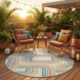 8' Ivory And Gold Round Geometric Washable Indoor Outdoor Area Rug