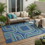 5' X 8' Navy Blue And Aqua Geometric Washable Indoor Outdoor Area Rug