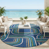 8' Navy Blue And Aqua Round Geometric Washable Indoor Outdoor Area Rug