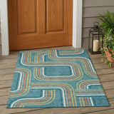 3' X 5' Teal Blue And Ivory Geometric Washable Indoor Outdoor Area Rug