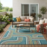 5' X 8' Teal Blue And Ivory Geometric Washable Indoor Outdoor Area Rug
