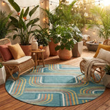 8' Teal Blue And Ivory Round Geometric Washable Indoor Outdoor Area Rug