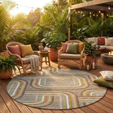 8' Taupe And Ivory Round Geometric Washable Indoor Outdoor Area Rug