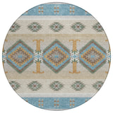 8' Teal Blue And Beige Round Southwestern Washable Indoor Outdoor Area Rug