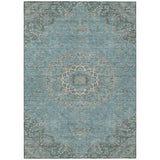 3' X 5' Teal Blue And Turquoise Floral Medallion Washable Indoor Outdoor Area Rug