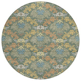 8' Green And Teal Blue Round Damask Washable Indoor Outdoor Area Rug