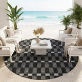 8' Black And Graphite Round Geometric Washable Indoor Outdoor Area Rug