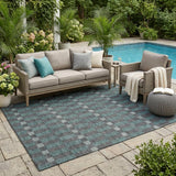 5' X 8' Charcoal And Teal Blue Geometric Washable Indoor Outdoor Area Rug