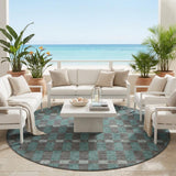 8' Charcoal And Teal Blue Round Geometric Washable Indoor Outdoor Area Rug