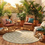 8' Green And Khaki Round Geometric Washable Indoor Outdoor Area Rug