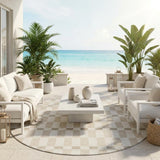8' Ivory And Beige Round Geometric Washable Indoor Outdoor Area Rug