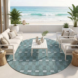 8' Teal Blue And Sky Blue Round Geometric Washable Indoor Outdoor Area Rug