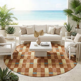 8' Orange And Teal Blue Round Geometric Washable Indoor Outdoor Area Rug