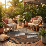 8' Black And Gray Round Geometric Washable Indoor Outdoor Area Rug
