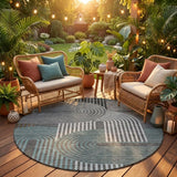 8' Charcoal And Gray Round Geometric Washable Indoor Outdoor Area Rug