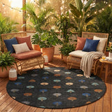 8' Black And Navy Blue Round Geometric Washable Indoor Outdoor Area Rug