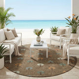 8' Brown And Copper Round Geometric Washable Indoor Outdoor Area Rug