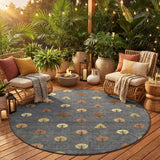 8' Charcoal And Orange Round Geometric Washable Indoor Outdoor Area Rug