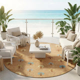 8' Copper And Teal Blue Round Geometric Washable Indoor Outdoor Area Rug