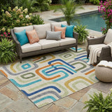 5' X 8' Beige And Green Geometric Washable Indoor Outdoor Area Rug
