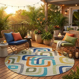 8' Beige And Green Round Geometric Washable Indoor Outdoor Area Rug