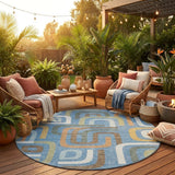 8' Blue And Green Round Geometric Washable Indoor Outdoor Area Rug