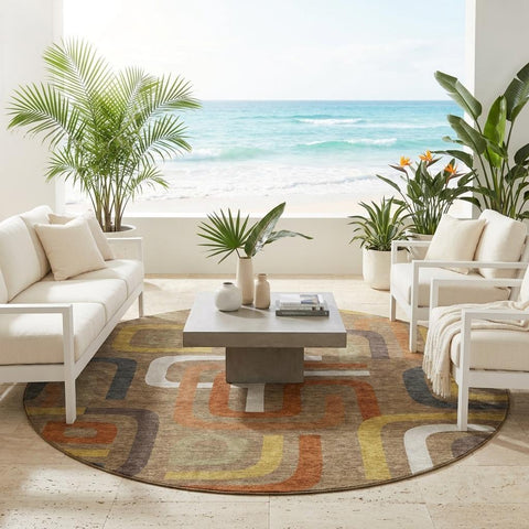 8' Coffee And Chocolate Round Geometric Washable Indoor Outdoor Area Rug
