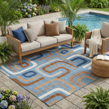 5' X 8' Denim Blue And Copper Geometric Washable Indoor Outdoor Area Rug