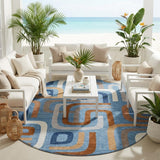 8' Denim Blue And Copper Round Geometric Washable Indoor Outdoor Area Rug