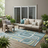 5' X 8' Teal Blue And Aqua Geometric Washable Indoor Outdoor Area Rug