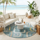 8' Teal Blue And Aqua Round Geometric Washable Indoor Outdoor Area Rug