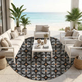 8' Black And Silver Round Geometric Washable Indoor Outdoor Area Rug
