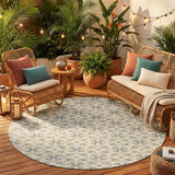 8' Ivory And Beige Round Geometric Washable Indoor Outdoor Area Rug